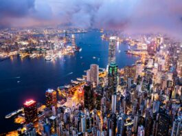 Tsim Sha Tsui Promenade in front of the Hong Kong Skyline in Hong Kong